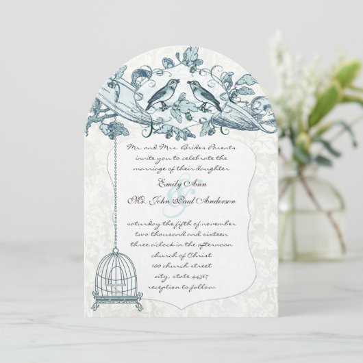 Mint Bird Cage Oak  Birds Scroll Wedding Kaart (Staand voorkant)