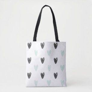 Mint & Black Hearts Doodles Pattern Canvas tas