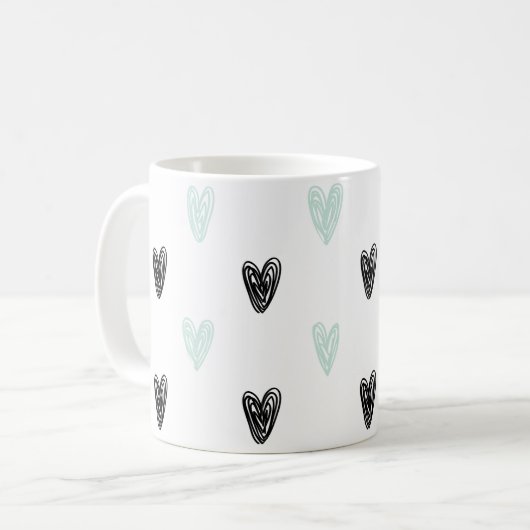 Mint & Black Hearts Doodles Pattern Girly Mok (Voorkant links)