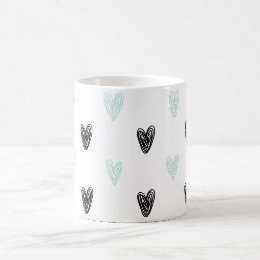 Mint & Black Hearts Doodles Pattern Girly Mok (Center)