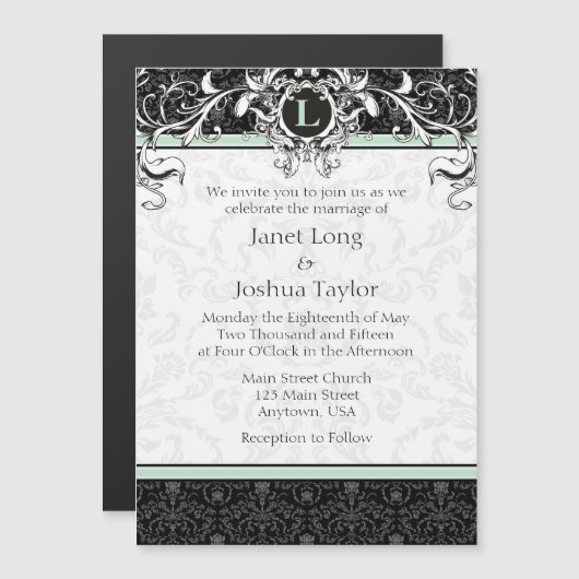Mint Black Monogram Magnetic Wedding Invitation Magnetische Uitnodiging (Voorkant / Achterkant)