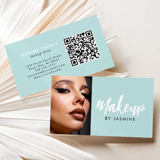 Mint Blau Witte Script QR Code Foto Make-up Visitekaartje