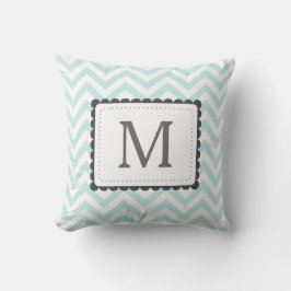 Mint Blauw en Wit Chevron Aangepast Monogram Kussen