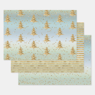 Mint Blauw Goud Strepen Kerstbomen Sparkle Inpakpapier Vel