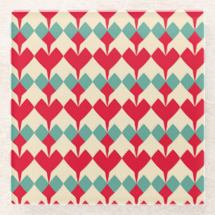 Mint blauw, rode harten tegel patroon. glazen onderzetter