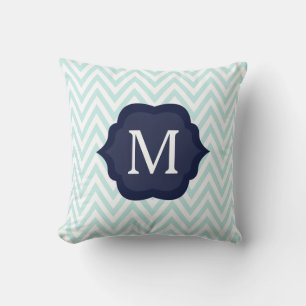 Mint Blauw & Wit Chevron Marine Monogram Ontwerp Kussen