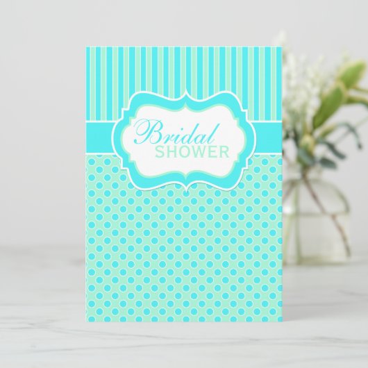 Mint, blauw, witte pokadop, Stripes Shower Invite Kaart (Staand voorkant)