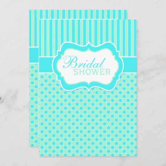 Mint, blauw, witte pokadop, Stripes Shower Invite Kaart (Voorkant / Achterkant)