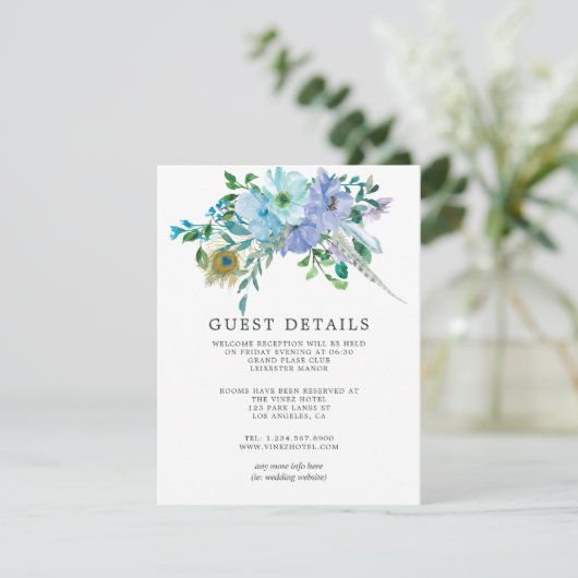 Mint & Blauwe Waterverf Boho Bruiloft Gast Details Informatiekaartje (Staand voorkant)