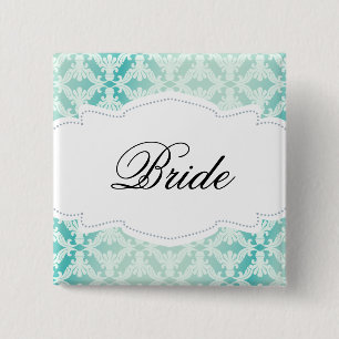Mint & Blauwgroen Damask Bride Vierkante Button 5,1 Cm
