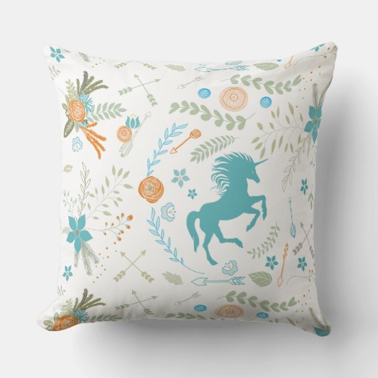 Mint Blue Coral Trendy Unicorn & Floral Pattern Kussen (Voorkant)