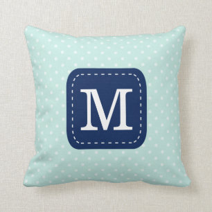 Mint Blue Polka Dot Pattern met Custom Monogram Kussen