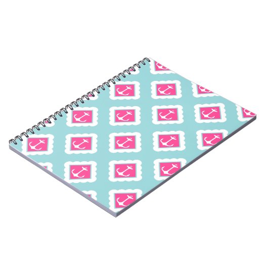 Mint Blue, Roze, White Anchors Nautical Pattern Notitieboek (Linkerzijde)