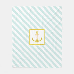 Mint Blue Stripes Faux Glittery Golden Anchor Fleece Deken