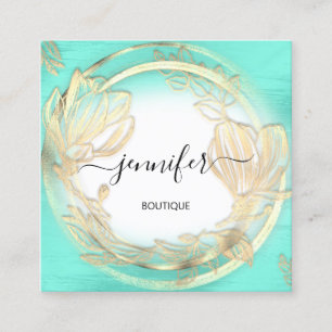 Mint Blue White Gold Floral QRCode Logo Square Vierkante Visitekaartje