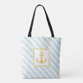 Mint Blue White Stripes Golden Anchor Draagtas (Achterkant)