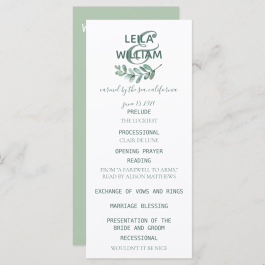 Mint Botanical Elegant Wedding Programme Programma (Voorkant / Achterkant)