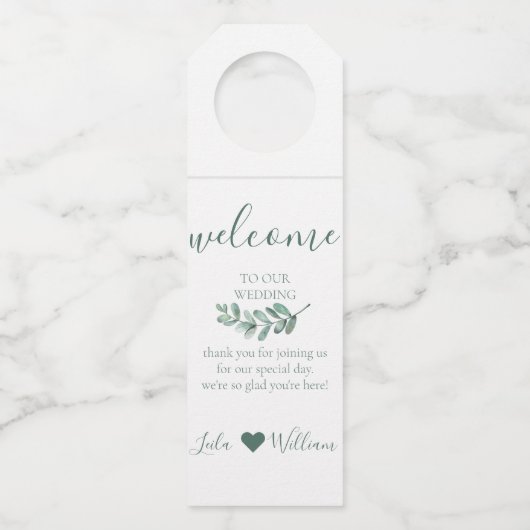 Mint Botanische bruiloft Welkomstfles Hanger Label (Voorkant)