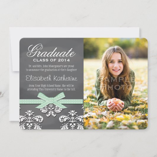 Mint Bow Chalkboard Afstuderen Aankondiging (Voorkant)