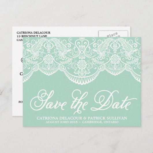 Mint Brocade Lace Save the Date Briefkaart (Voorkant / Achterkant)