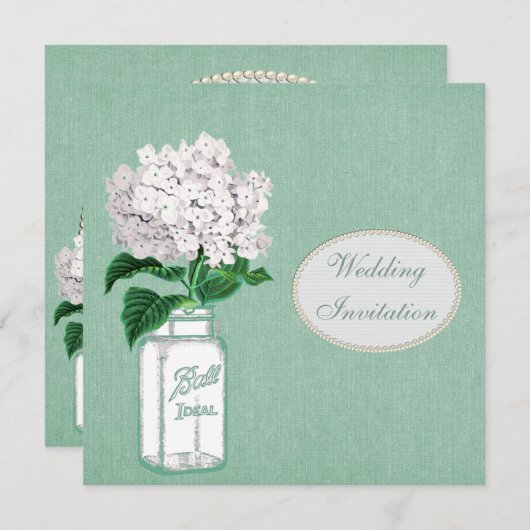 Mint Burlap, Mason Jar & Hydrangea Wedding Kaart (Voorkant / Achterkant)
