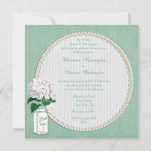 Mint Burlap, Mason Jar & Hydrangea Wedding Kaart (Achterkant)