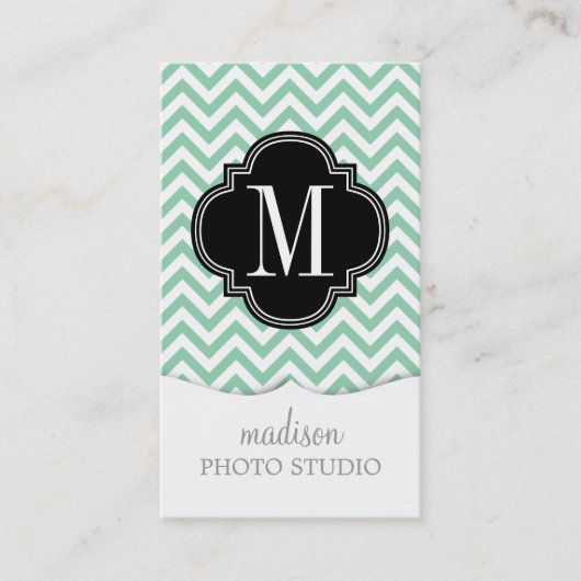 Mint Chevron Zigzag Gepersonaliseerd Monogram Visitekaartje (Voorkant)