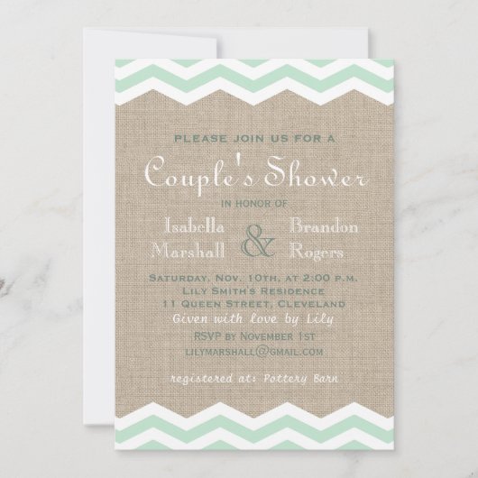 Mint Chevrons op Burlap Couple's Shower Invite Kaart (Voorkant)