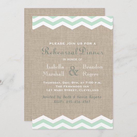 Mint Chevrons op Burlap Rehearsal Dinner Invite Kaart (Voorkant / Achterkant)