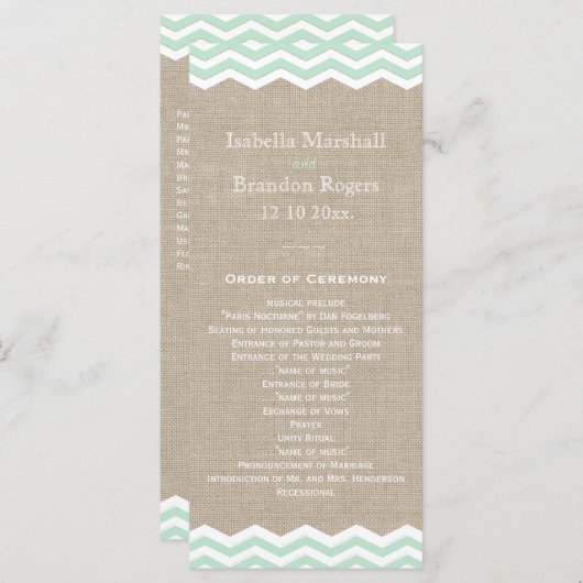 Mint Chevrons op Burlap Wedding Program Programma (Voorkant / Achterkant)