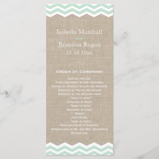Mint Chevrons op Burlap Wedding Program Programma (Voorkant)