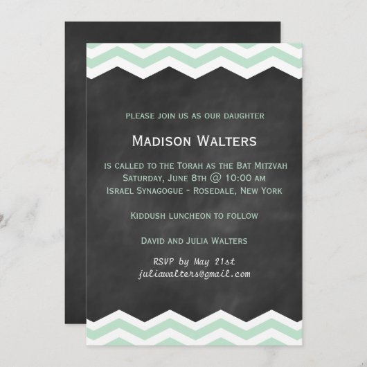 Mint Chevrons op Chalkboard Bat Mitzvah Uitnodigin Kaart (Voorkant / Achterkant)