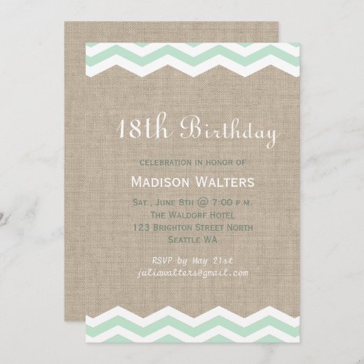 Mint Chevrons over de uitnodiging van Burlap Birth (Voorkant / Achterkant)