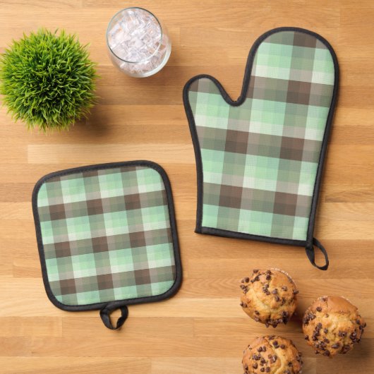 Mint Chocolade Chip Kleur Blok Plaid Strepen Ovenwant & Pannenlap Set (Top down)