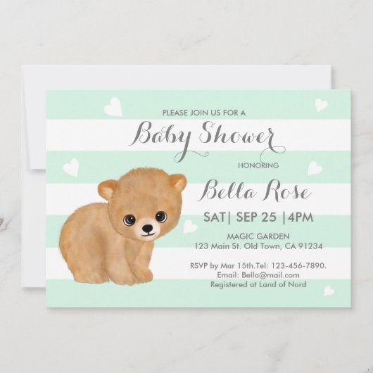 Mint Coeur ours bébé douche Invitations (Devant)