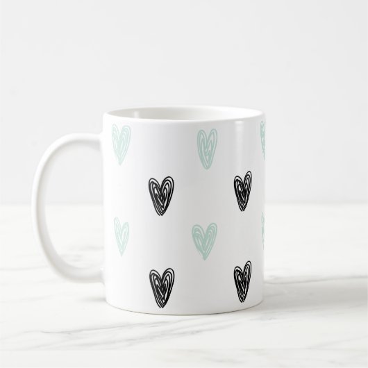 Mint & Coeurs noirs Doodles Motif Girly Mug (Gauche)