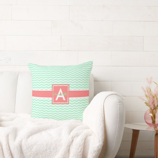 Mint Coral Chevron Kussen (Bank)