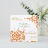 Mint Coral  Floral Damask Wedding Invite Kaart (Staand voorkant)