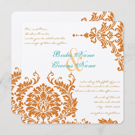 Mint Coral  Floral Damask Wedding Invite Kaart (Voorkant / Achterkant)