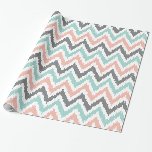 Mint Coral Gray Zigzags Ikat Pattern Cadeaupapier (Uitgerold)