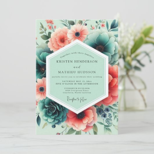 Mint Coral Lush Floral Wedding Kaart (Staand voorkant)
