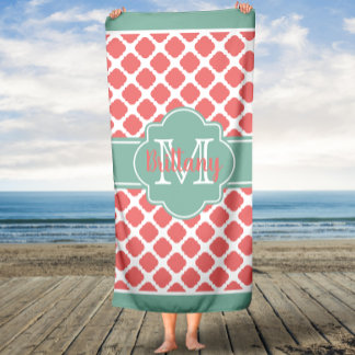 Mint Coral Moroccan Monogrammed Bath Towel Badhanddoek