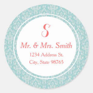 Mint Coral Round Damask adres Label Sticker