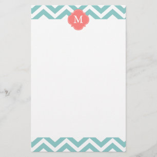 Mint & Coral Zigzags Patroonmonogram Briefpapier
