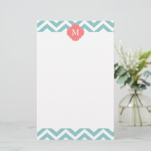 Mint & Coral Zigzags Patroonmonogram Briefpapier (Staand voorkant)