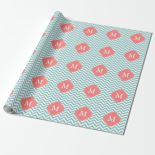 Mint & Coral Zigzags Patroonmonogram Cadeaupapier (Uitgerold)