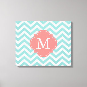 Mint & Coral Zigzags Patroonmonogram Canvas Afdruk