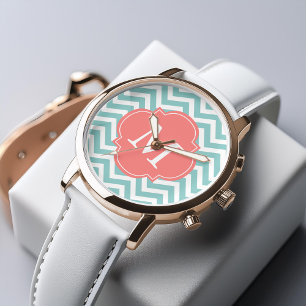 Mint & Coral Zigzags Patroonmonogram Horloge