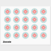 Mint & Coral Zigzags Patroonmonogram Ronde Sticker (Vel)