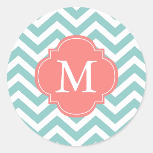 Mint & Coral Zigzags Patroonmonogram Ronde Sticker (Voorkant)